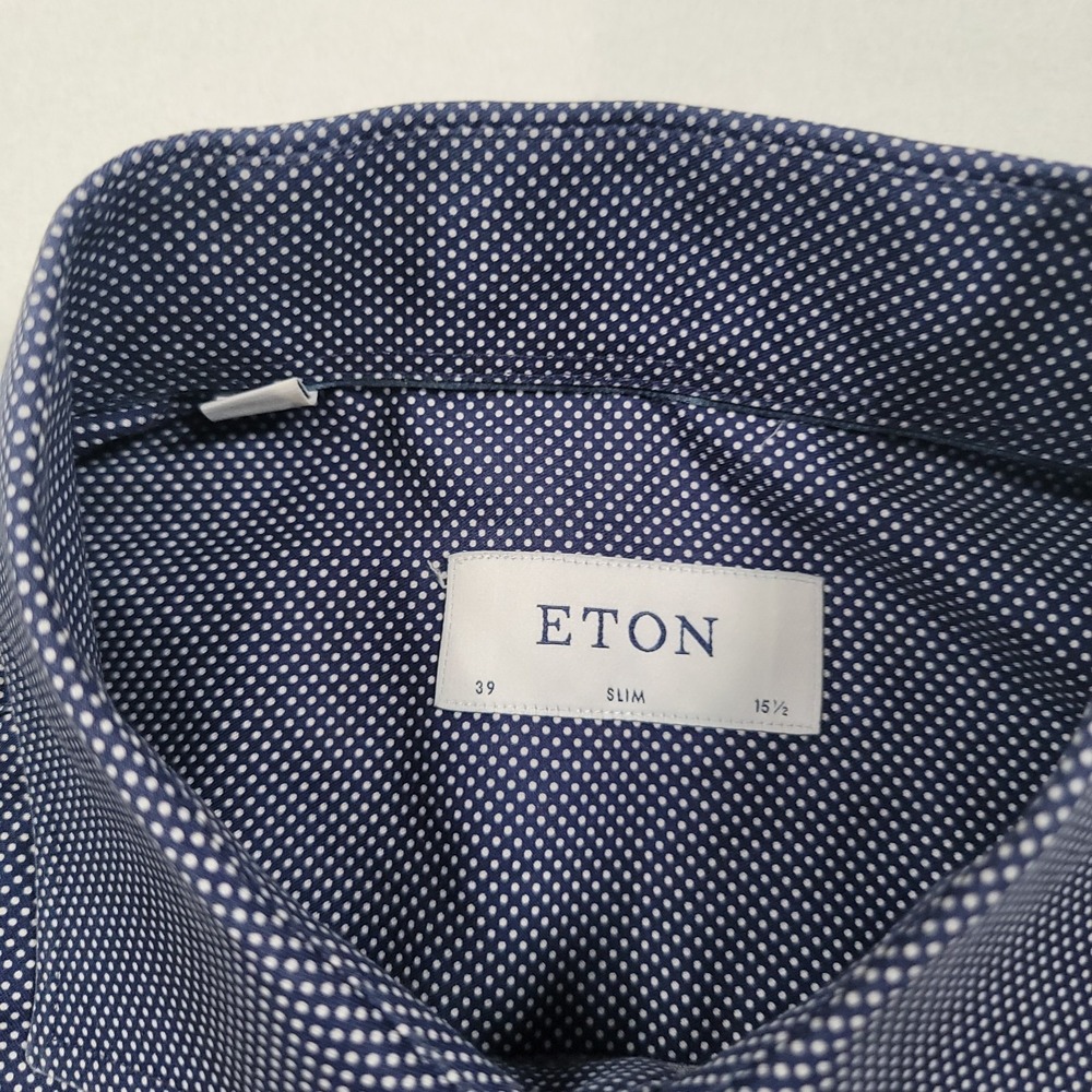 Eton Men Dress Shirt 39 15.5 Slim Fit Blue Polka Dot Cotton - Picture 3 of 10